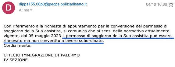 Conversione in lavoro della protezione speciale